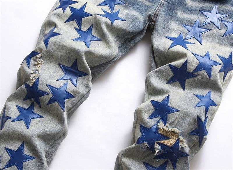 3323 New trendy 2023 y2k clothing denim jeans pants for men vintage blue star patches jeans men custom stacked ripped jeans