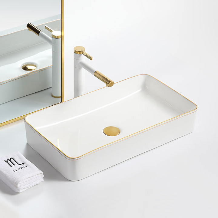 Modern Luxury Ceramic Glazed Hotel Use Commercial Grade Bathroom Hand Wash Basin Gold Trim Easy Clean Countertop Mounted Sink