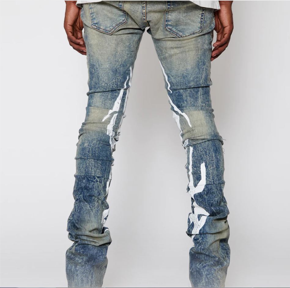 Vintage stacked denim pants wholesale custom slim fit prints ripped stacked jeans men flare