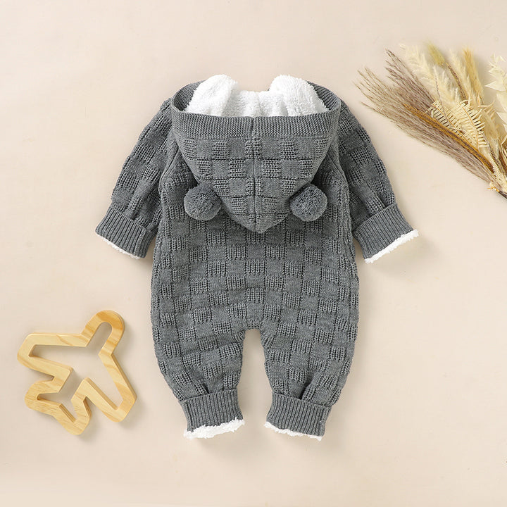 Mimixiong Ins Baby Romper Clothes Knitted Newborn Bebes Solid Color Hooded Overalls Fleece Long Sleeve Infant Winter Outfits