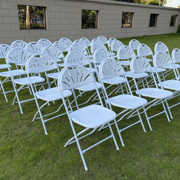 Wholesale Modern Comfortable Portable Colorful Garden Outdoor Warehouse Events Wedding Foldable Metal Plastic Fan Back Chairs