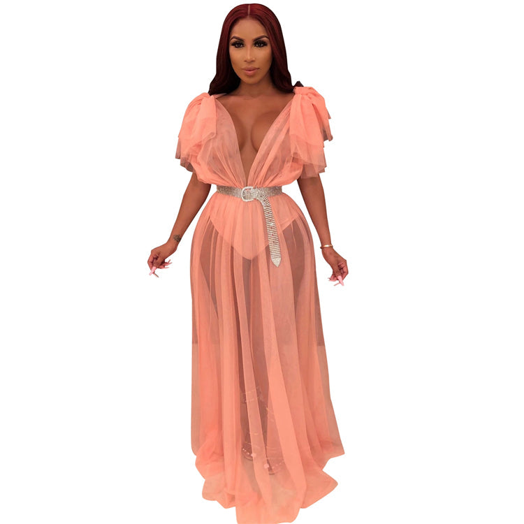 sexy women mesh deep v neck solid color see through long maxi women dress