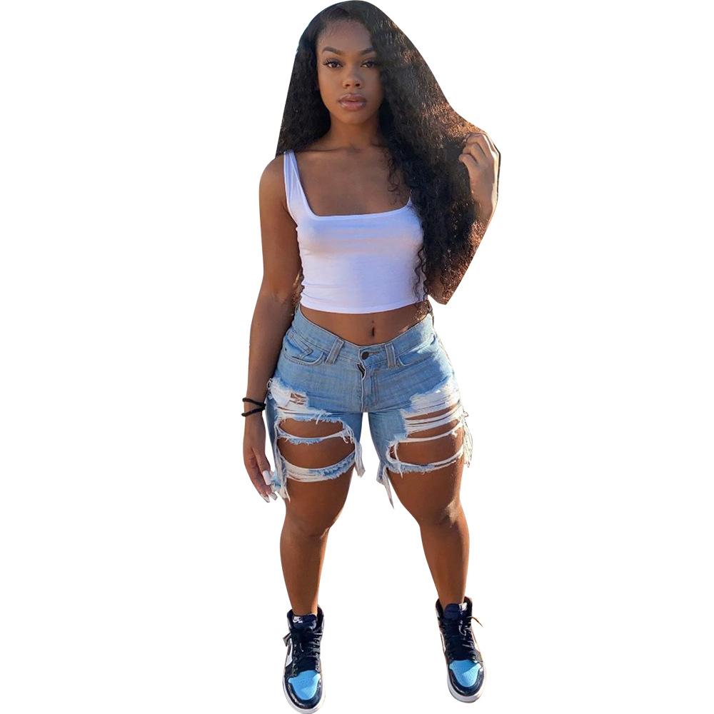 2021 summer skinny short pants high waist ripped colorful jean biker distressed cut up shorts women