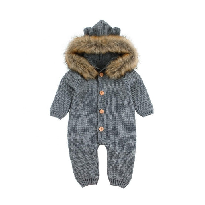OEM Newborn Baby Winter Warm Overall Windproof Baby Romper with Fur Hood Button Closure for Solid Pattern Baby Overalls