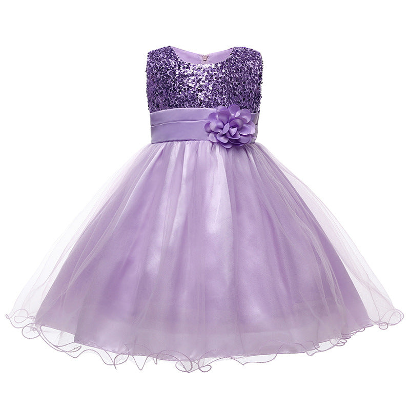 Summer Sleeveless Sequined and Flower Tulle Princess Kids Girls Dress