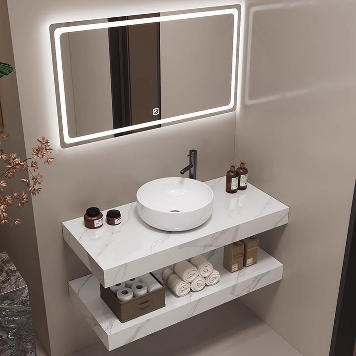 Modern Waterproof Floor Standing Marble Countertop Double-layer Ceramic Basin Intelligent LED Mirror Cabinet Bathroom
