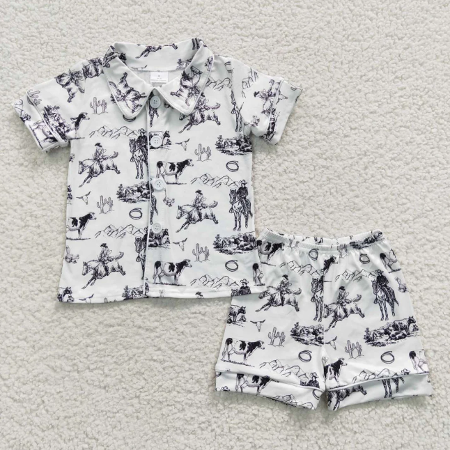 Wholesale Summer Infant Baby Boys Pajama Sets Western Print Designs Button up Short Sleeves Shirt Elastic Shorts Outfit 0-16Y