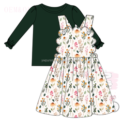 Newest fall sister clothing puffy sleeve knitted shirt scallop design dress bubble children wear girls kids clothes set