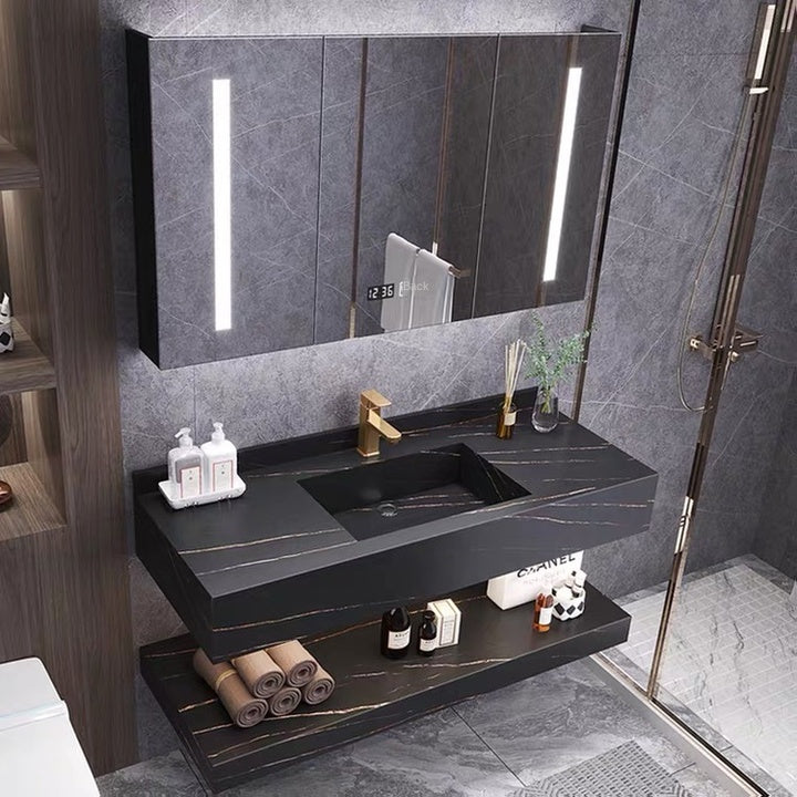 Nordic Modern Rock Board All-in-One Basin Bathroom Cabinet Copper Drainer Mirror Floor Standing Intelligent Light Luxury Design