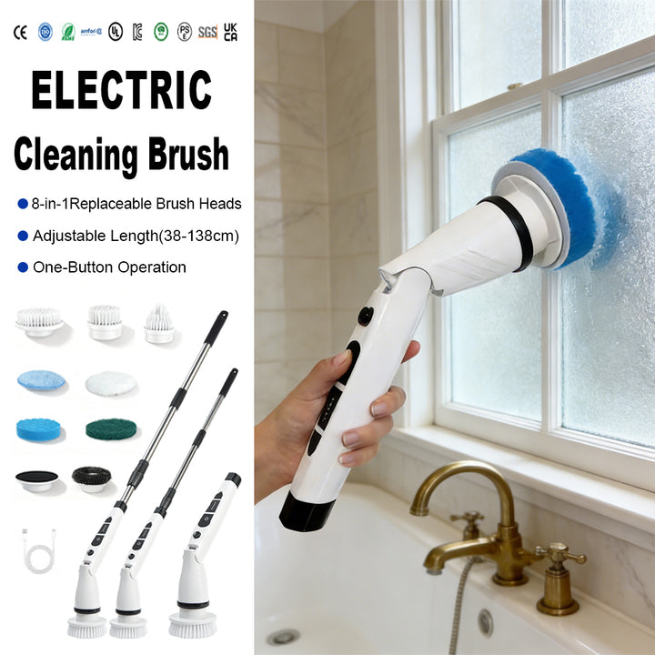 IPX7 Waterproof 8 In1 Long Handled Retractable Cordless Electric Mop Scrubber with Plastic Brush Head for Kitchen & Car Use