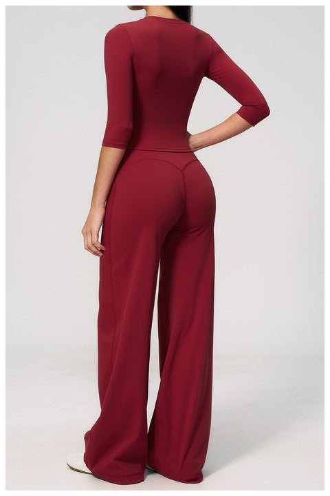 High-End Yoga Outfit Set Women High-Waisted Relaxed Fit Turned-Over Sweat-Wicking 2-Piece Spandex/Nylon Workout