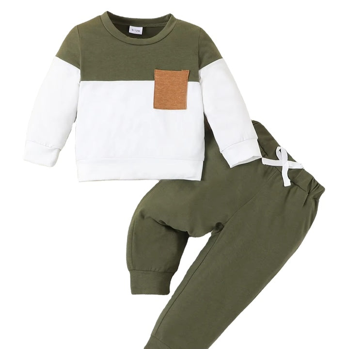 Casual Winter Kids Sweatshirt Set Double Patchwork Color Sweatshirt Pants Fashionable 2-Piece Cotton Baby Clothing