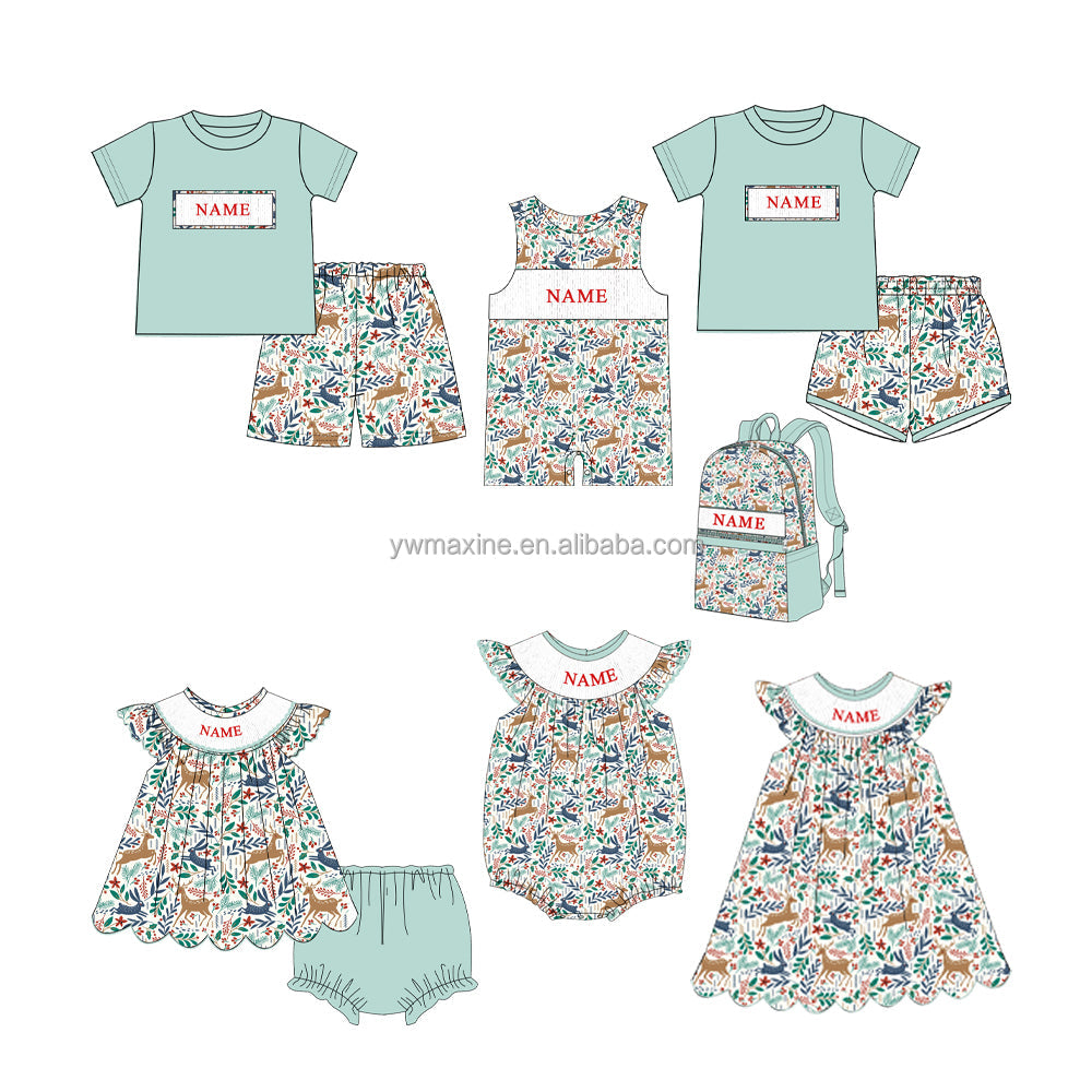 High Quality Children Clothes Boutique Name Embroidery Baby Smocked Girl Dresses Sets with School Backpack