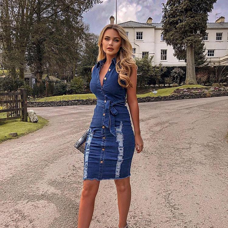 2020 summer women jeans sleeveless reverse collar washed and polished jeans dress