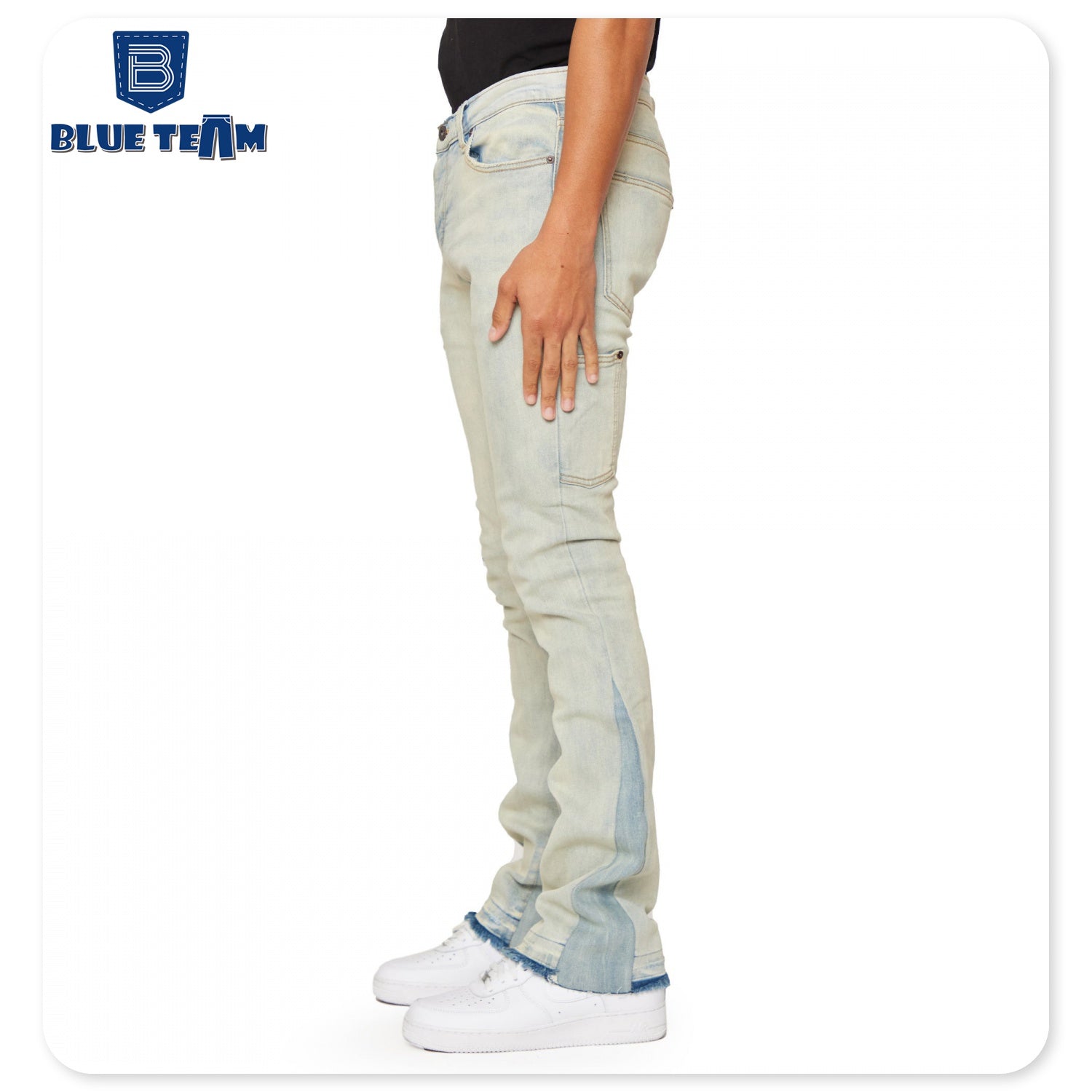 Blue Team | Custom denim jeans manufacture vintage distressed washed flare jeans mens pants skinny stacked denim streetwear