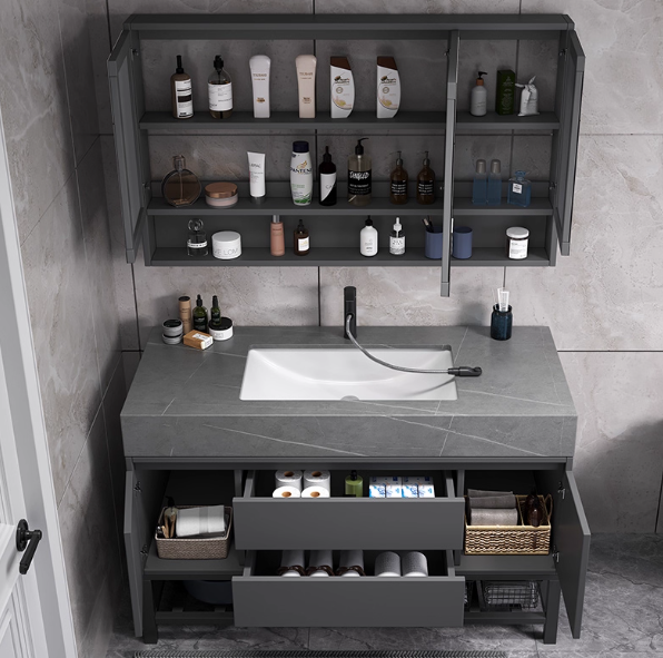 Modern Grey Bathroom Vanity Set with LED Mirror Storage and Seamless Washbasin Bathroom Vanity Lighting