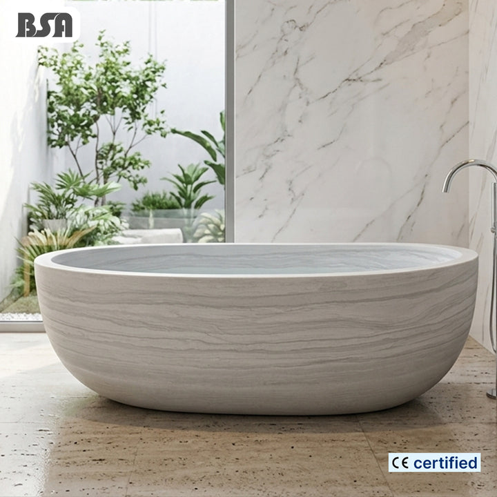 BSA Luxury White Wood Vein Marble Freestanding Bathtub Hand Carved Natural Stone Oval Soaking Tub for Villa Hotel Bathroom