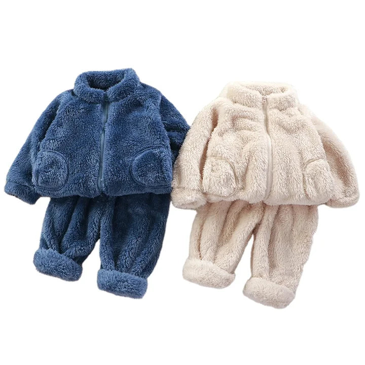 Autumn Winter 2-Piece Baby Clothing Sets Unisex Boys' Plush Warm Pajamas Solid Color Suit Zipper Closure Fashionable Children