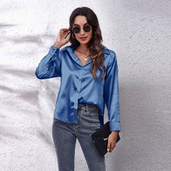 Wholesale multicolor casual shirt women's blouses & shirts fashion plain plus size top satin silk shirts