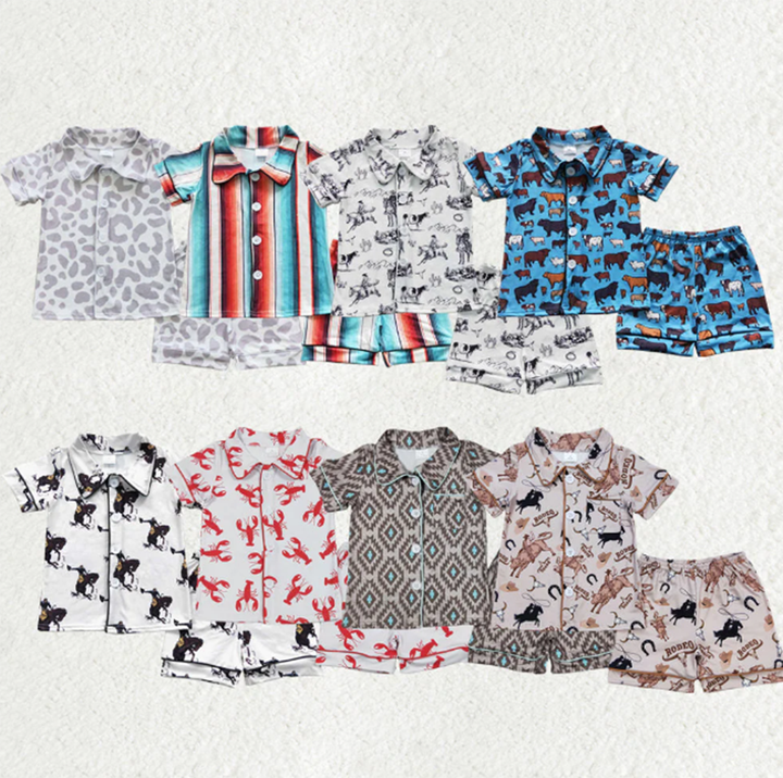 Wholesale Summer Infant Baby Boys Pajama Sets Western Print Designs Button up Short Sleeves Shirt Elastic Shorts Outfit 0-16Y