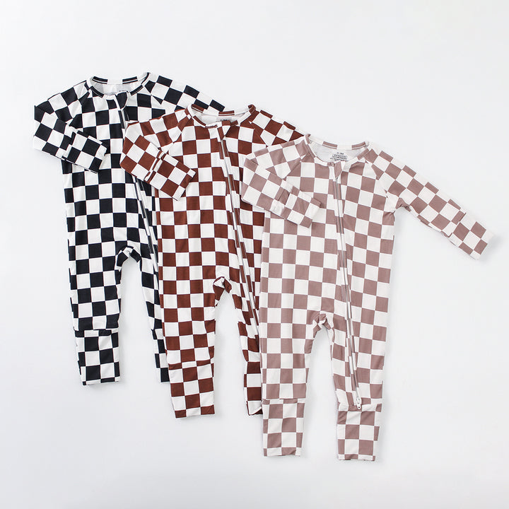 OEM ODM Bamboo YKK Zipper Pajamas Toddler Boy Girl Square Print Clothing Newborn Baby Bamboo Fabric Clothes Sleeper