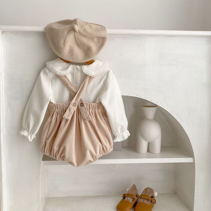Spring Autumn Newborn Infant Toddler Clothing Turn-Down Collar Top Ribbed Cotton Romper Baby Girls Clothes Set