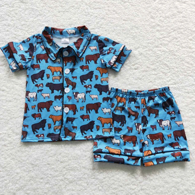 Wholesale Summer Infant Baby Boys Pajama Sets Western Print Designs Button up Short Sleeves Shirt Elastic Shorts Outfit 0-16Y
