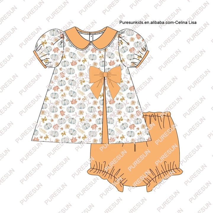 2024 Customized High Quality Fall Kids Clothes Peter Pan Collar Baby Girl Outfits Fall Pumpkin Girls Sibling Set