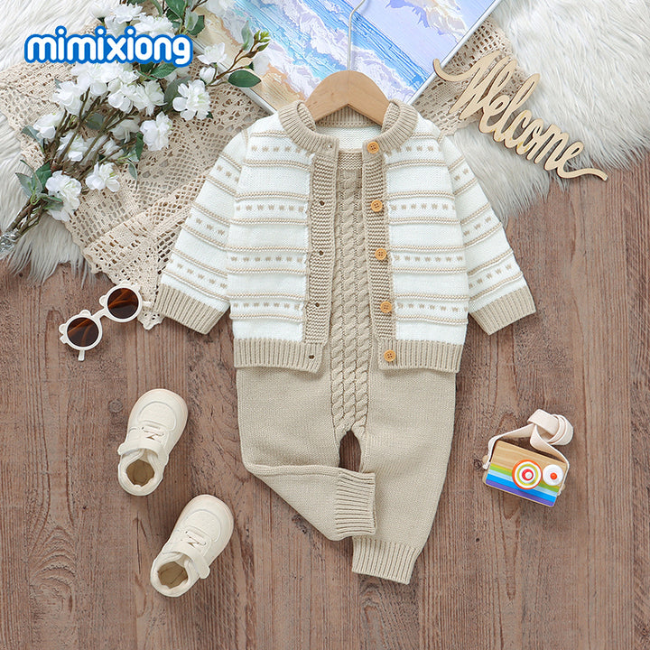 Mimixiong Knitted Baby Cardigan Baby Rompers Newborn Clothes Winter Boys Striped Long Sleeve Baby Clothing Set
