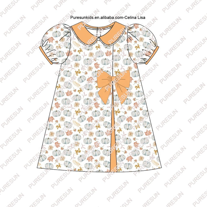 2024 Customized High Quality Fall Kids Clothes Peter Pan Collar Baby Girl Outfits Fall Pumpkin Girls Sibling Set