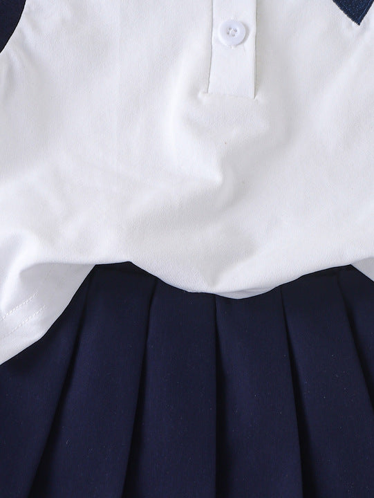 Cheap Price Children Clothes Explosive Model Casual Children Girls' Sleeveless Polo T-shirt & Blue Pleated Skirt 2 Pieces