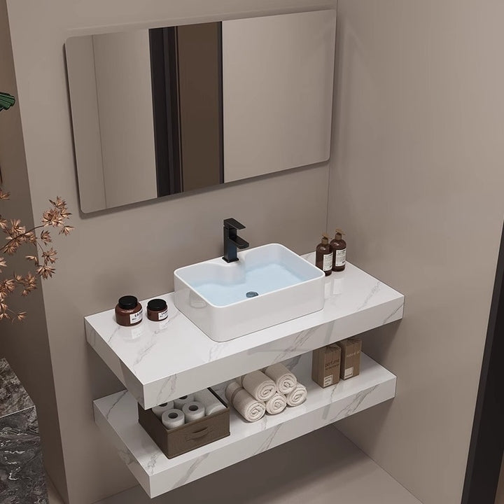 Modern Waterproof Floor Standing Marble Countertop Double-layer Ceramic Basin Intelligent LED Mirror Cabinet Bathroom