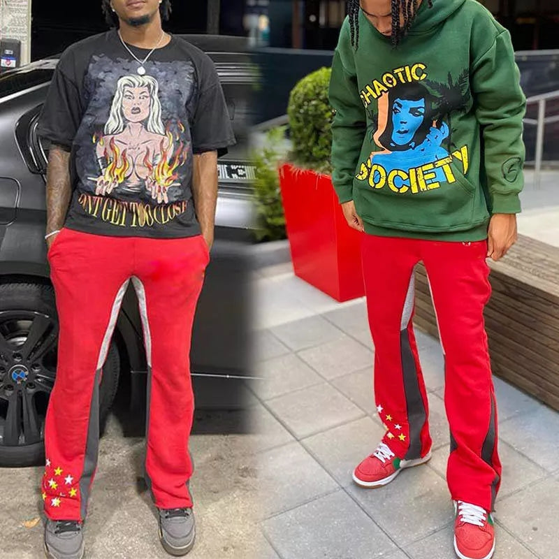 Custom Logo Stack Flare Sweatpants Men Jogger Track Sweat Pants Trousers Patchwork Graffiti Paint Splatter Elastic Men Pants