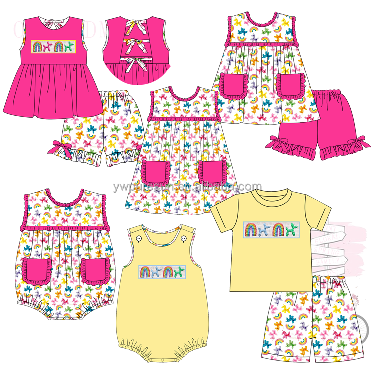 Summer hot sale balloon designs smocked French Knot printing knitted siblings set kids wear children clothing