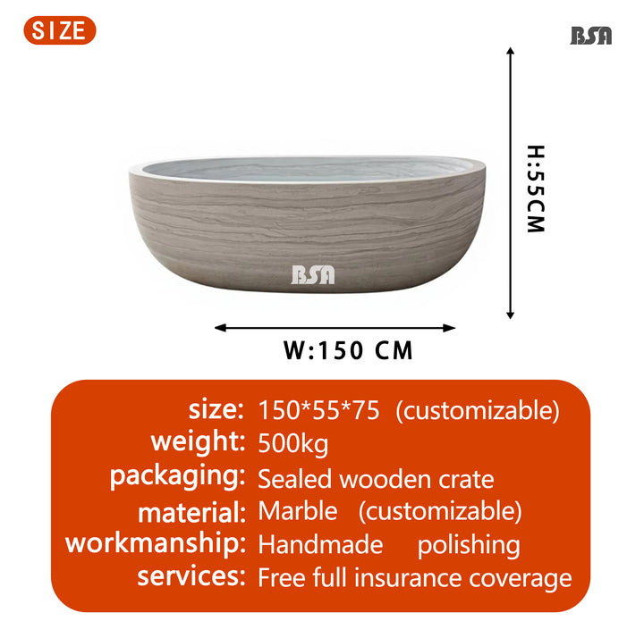 BSA Luxury White Wood Vein Marble Freestanding Bathtub Hand Carved Natural Stone Oval Soaking Tub for Villa Hotel Bathroom