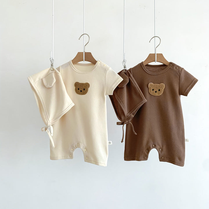 Cute Bear Waffle Newborn Baby Rompers Butt Wrap Baby Summer Rompers Short Sleeve Baby Clothes Set with Hat for Boys Girls