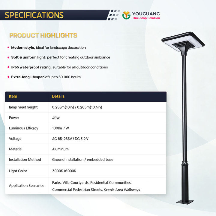 Outdoor LED Walkway Solar Garden Light Pole 50W LED Aluminum IP65 Waterproof Post Light for Villa Community Landscape Projects