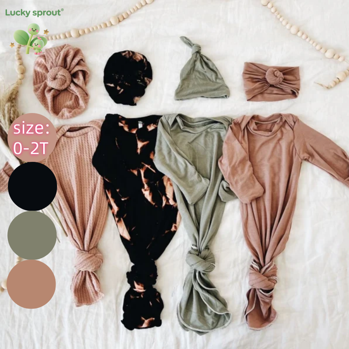 New Customization Color Size Newborn Baby Clothes Rib Cotton Baby Pajamas Knotted Gowns Long Sleeve Gray Bamboo with Hat