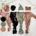 New Customization Color Size Newborn Baby Clothes Rib Cotton Baby Pajamas Knotted Gowns Long Sleeve Gray Bamboo with Hat