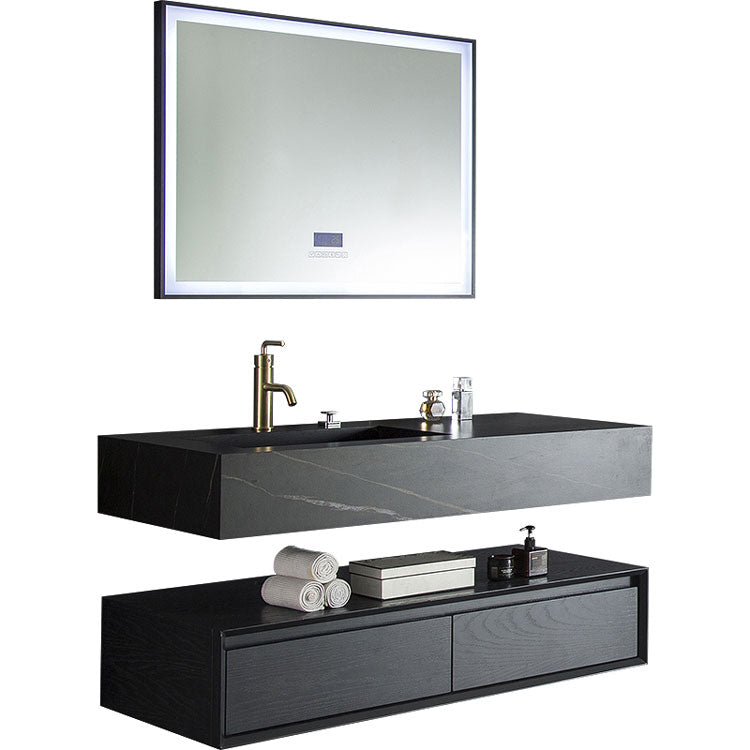 2020 modern black color wall hung Sintered Stone bathroom vanity sink cabinet set with LED mirror