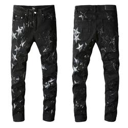 Guys Rip Slim Fit Skinny Man Pants Orange Star Patches Trendy Long Straight Hip Hop With Hole Blue Mens Jeans