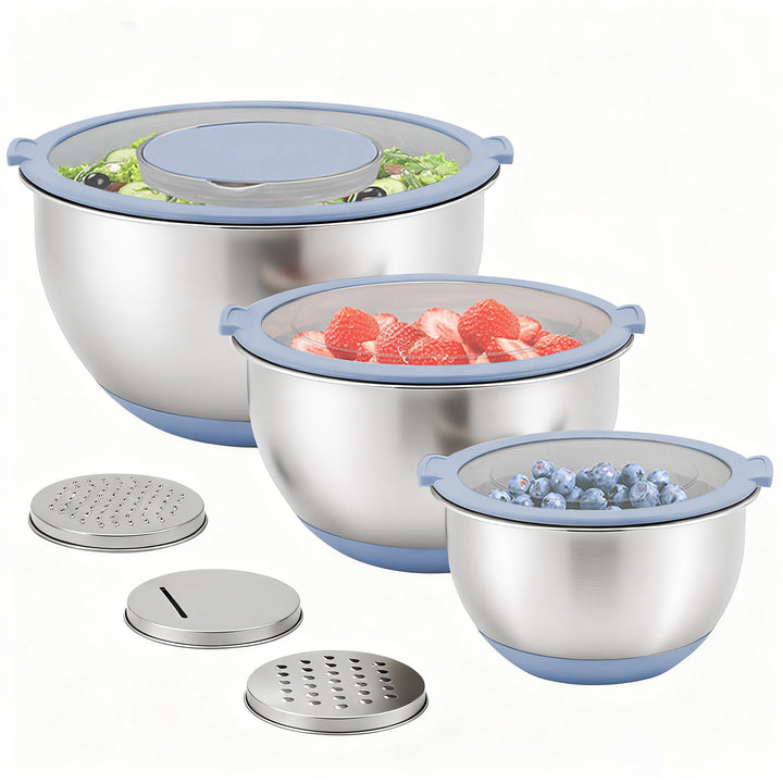 3pcs Mixing Bowl Set With Visible Lids 3 Grater Attachments Stainless Steel Salad Bowls for Kitchen Prep and Baking