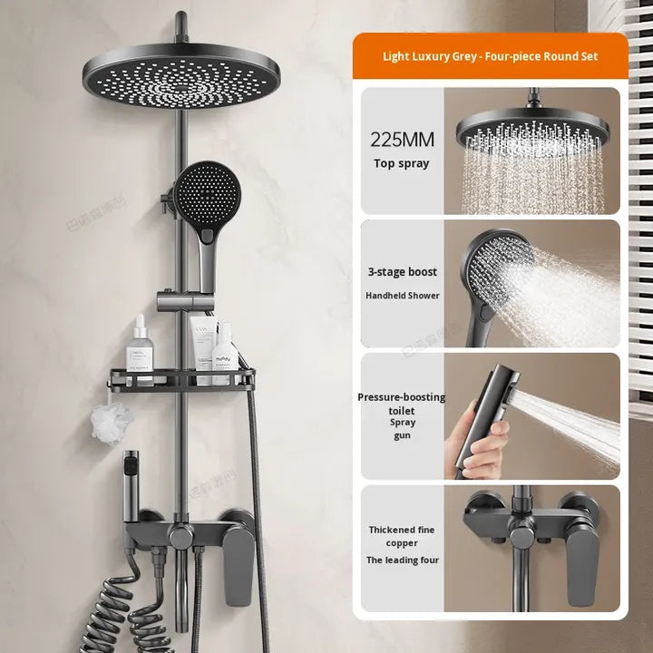 Black Brass Bath Shower Faucets with 4-Function Rainfall Shower Head Cold and Hot Mixer Ceramic Valve Core Rain Spray Pattern