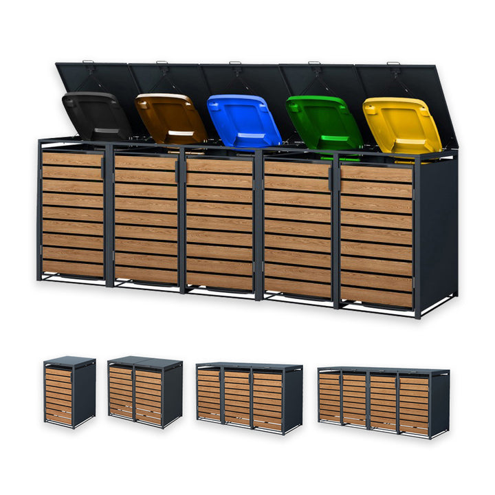 Weatherproof Heavy Duty Outdoor Trash Can Enclosure Powder Coated Galvanized Metal Wheelie Bin Storage Shed with 5 Wheelie Bins