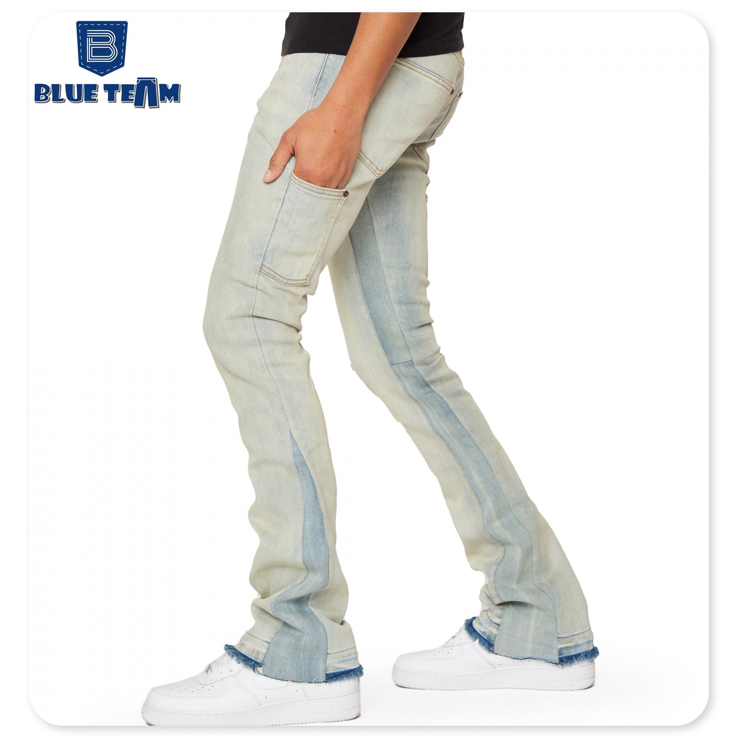 Blue Team | Custom denim jeans manufacture vintage distressed washed flare jeans mens pants skinny stacked denim streetwear
