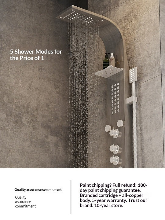 Multifunctional Matte Black Rainfall Shower Head Panel Tower System Set with Massage Body Jets Handheld Sprayer Shower Shelves