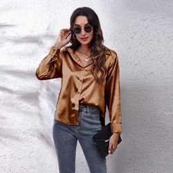 Wholesale multicolor casual shirt women's blouses & shirts fashion plain plus size top satin silk shirts