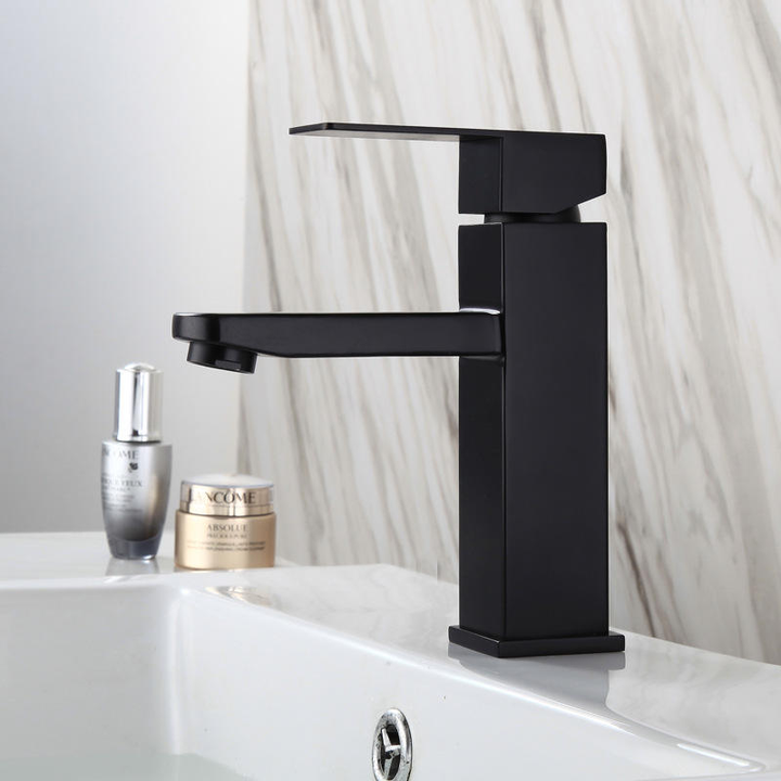 Modern Black Square Deck Mounted Basin Faucet with Ceramic Valve Core Hot & Cold Mixer Bathroom Tap Single Handle