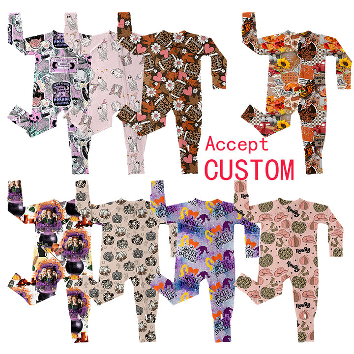 Wholesale Baby Clothing Halloween Fall Children Custom Printed Bamboo Pajamas Baby Long Zippy Romper