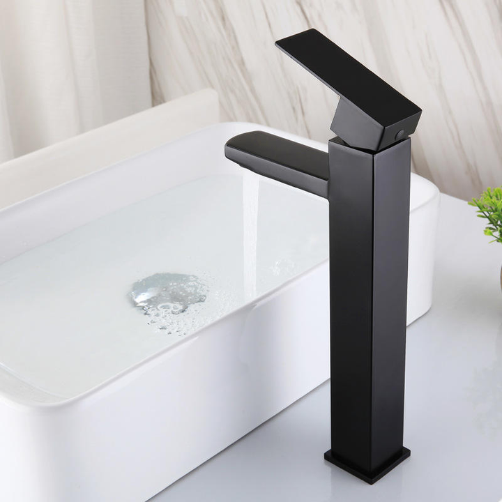 Modern Black Square Deck Mounted Basin Faucet with Ceramic Valve Core Hot & Cold Mixer Bathroom Tap Single Handle